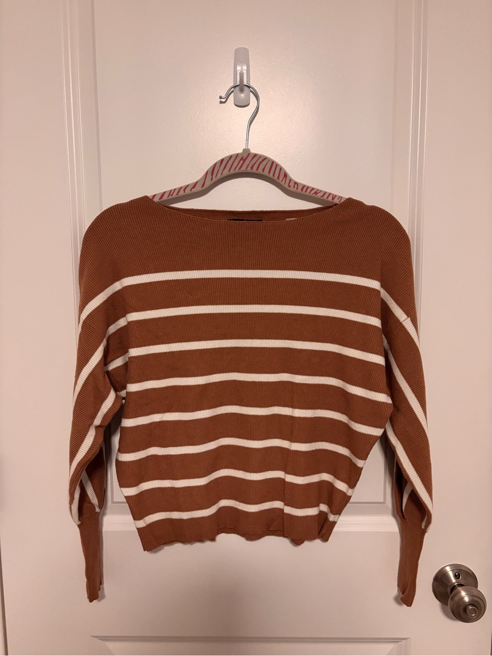 Tahari Striped Boatneck Sweater Brown Rust Cream White